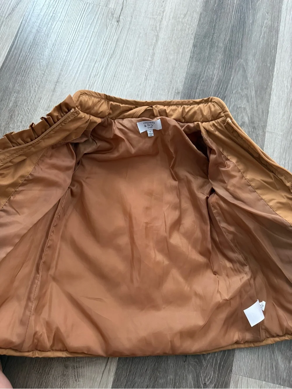 crown & ivy Quilted Tan Puffer Jacket with Ruffle Trim